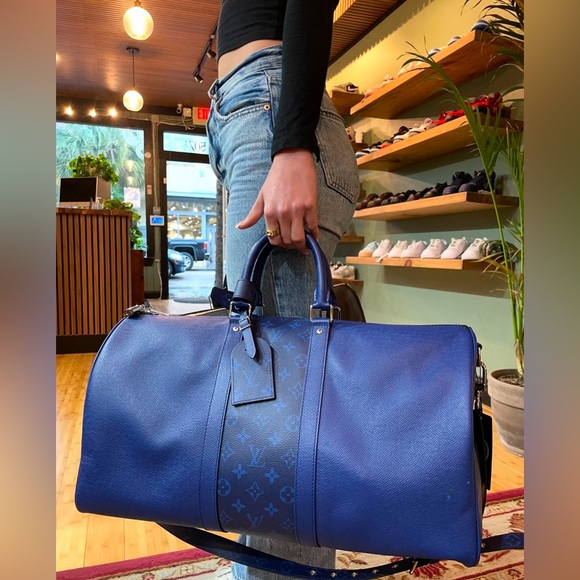 LOUIS VUITTON Taiga Monogram Eclipse Keepall Bandouliere Pacific Blue - Picture 3 of 14